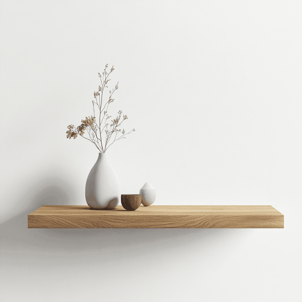Einfache Dekoration auf einem kleinen Holzregal: weiße Vase, kleine Keramikobjekte.