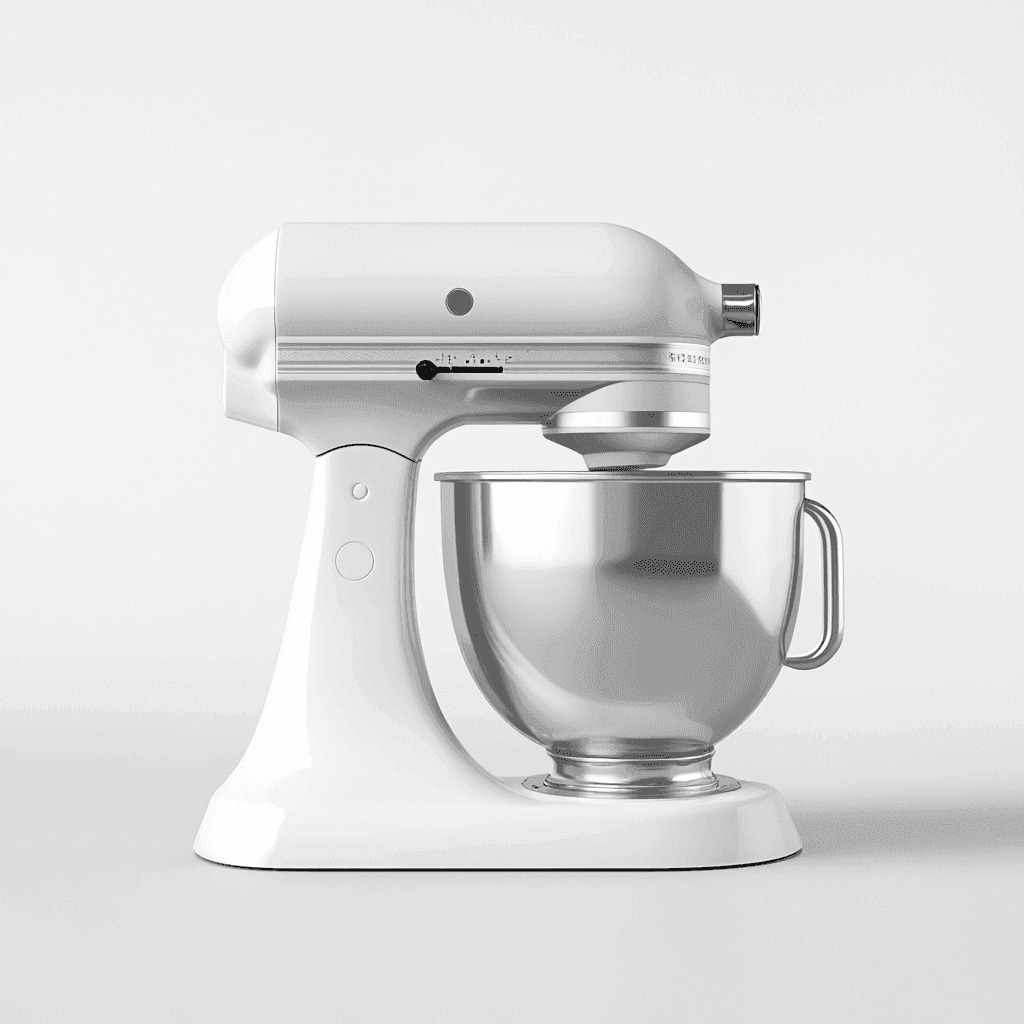 Standmixer mit großem Metallbecken, silberner Armatur, weißem Körper und schwarzer Mischfunktion auf weißem Hintergrund.