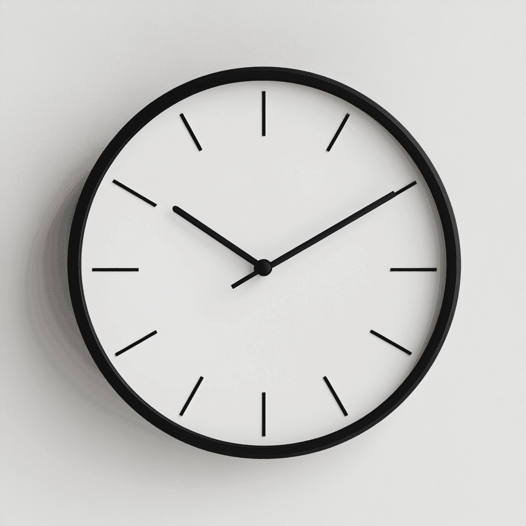 Eine schlichte, weiße Wanduhr mit schwarzem Rahmen und schwarzen Ziffern zeigt 10:10 an.