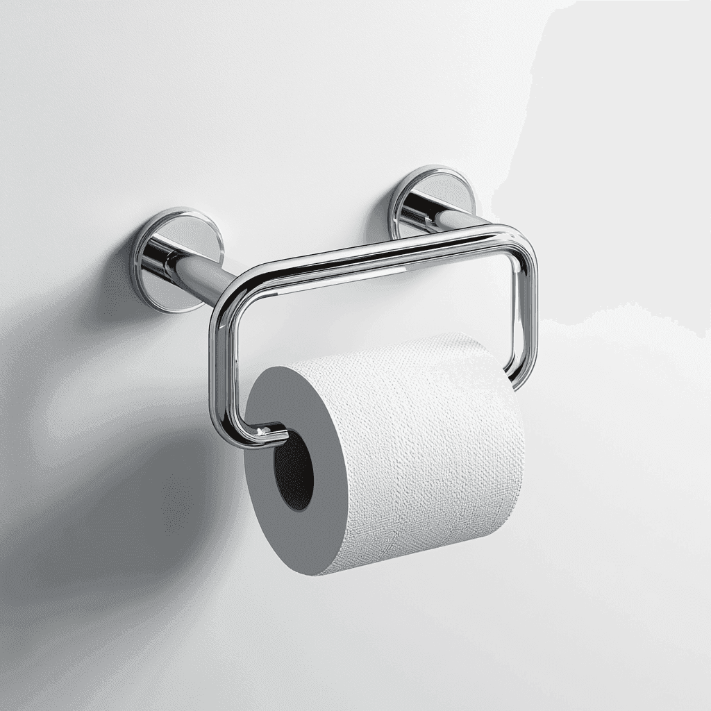 Toilettenpapierrollo an der Wand mit einer Rolle und halb vollem Papier.