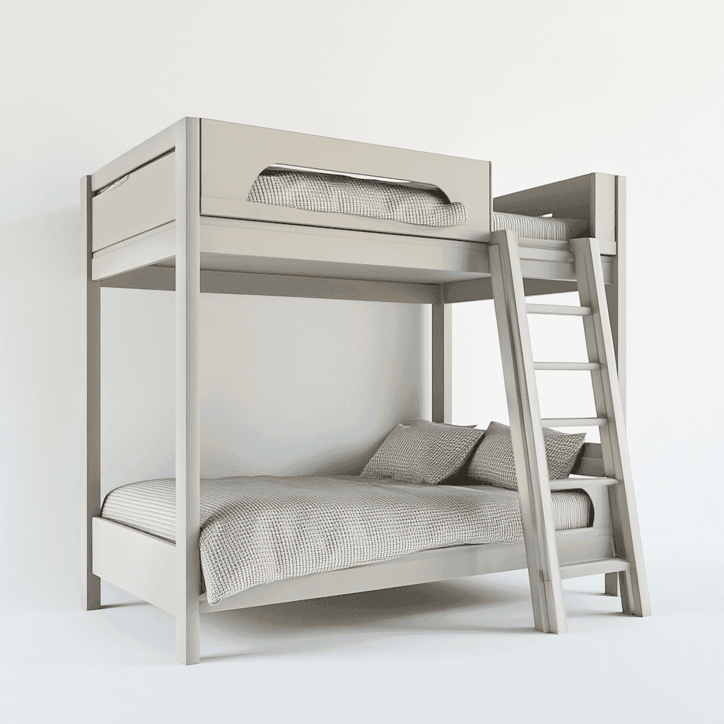 Doppelbett mit L-förmiger Aufbaustruktur, bestehend aus Ober- und Unterbettsystem für mehrere Personen.