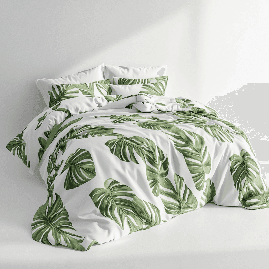 Ein Bett mit weißem Bettbezug, der mit grünen Blättern bedruckt ist. Es gibt mehrere Kissen und eine Decke.