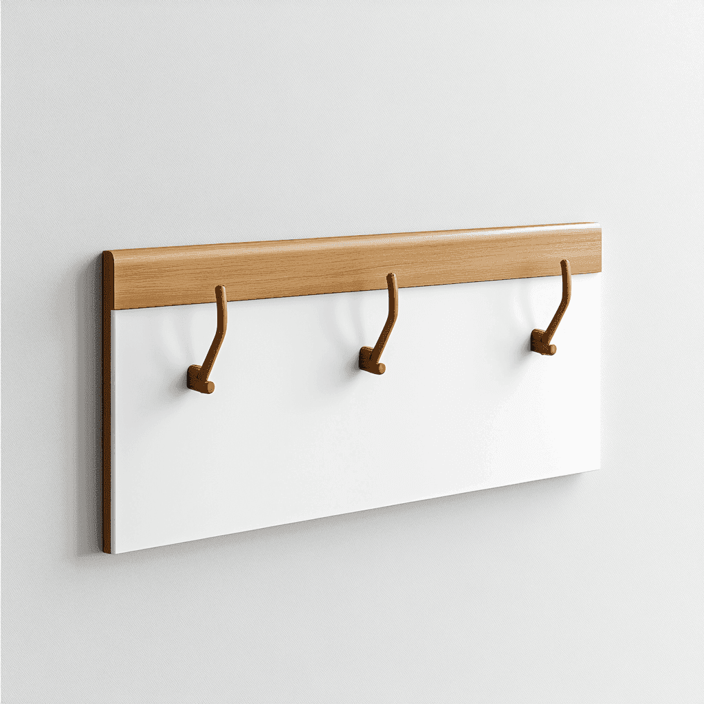 Eine weiße Wand mit einem Holzrahmen und drei braunen Haken.