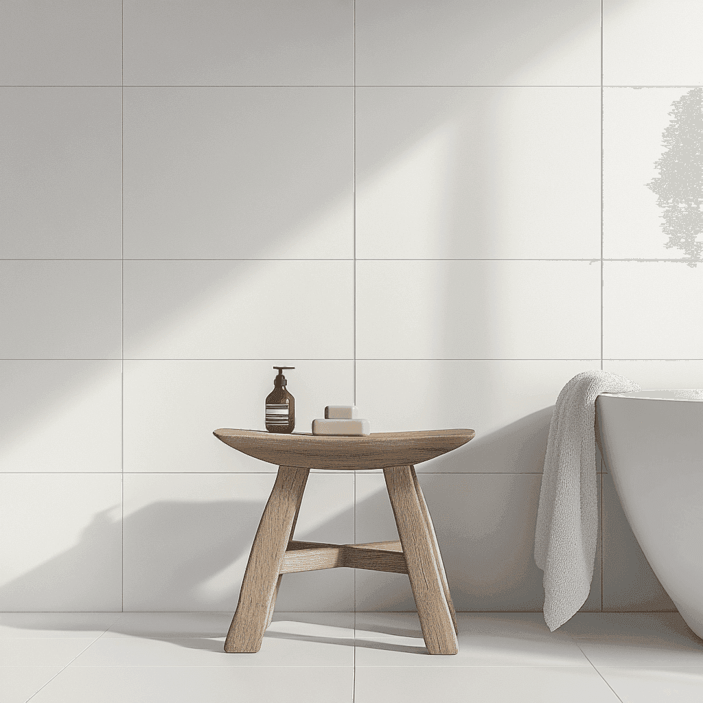 Ein modernes Badezimmer mit weißer Badewanne, kleinen Holztischchen und Handseife darauf.