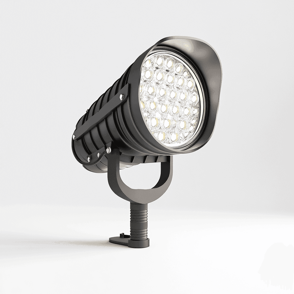 Metallische LED-Beleuchtung mit großem, mit vielen kleinen LEDs bestückten Leuchtkörper und weißem Lichtausgangslicht.