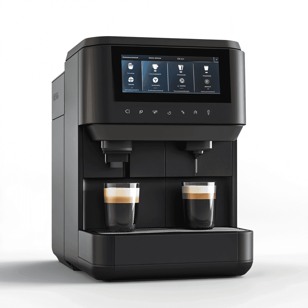 Kaffeemaschine mit zwei Tassen und Display, schwarz auf weißem Hintergrund.