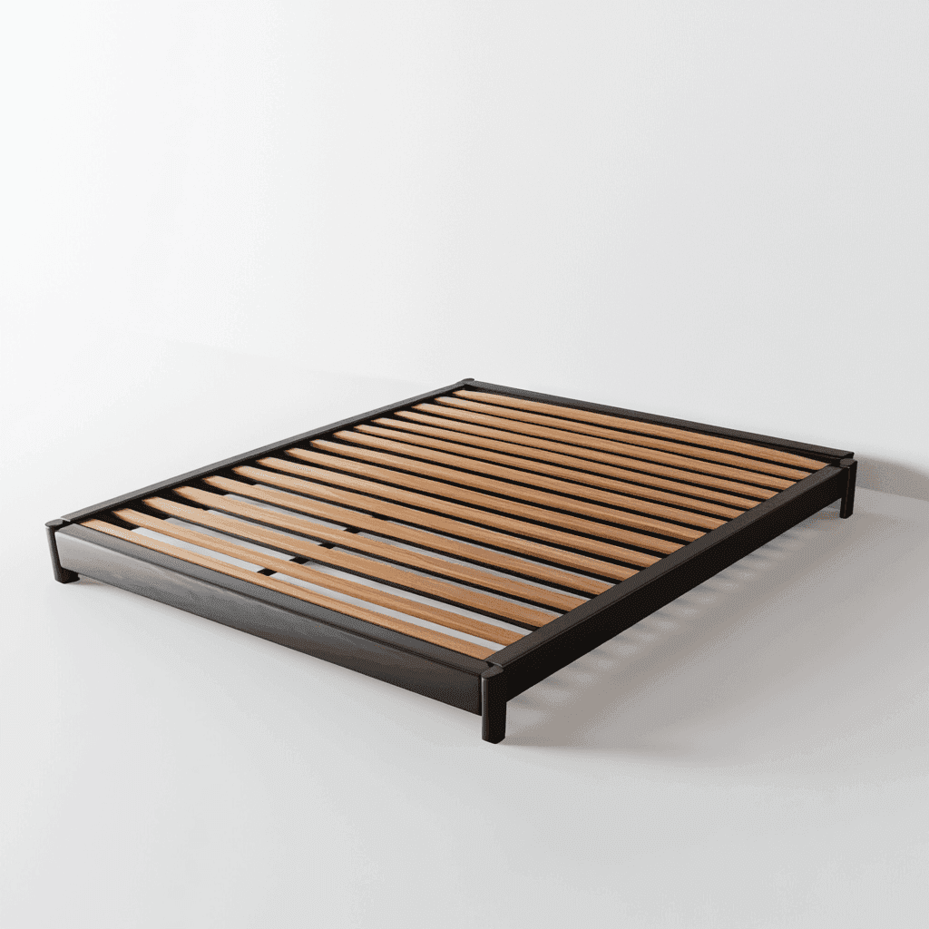 Schwarz-stahlbetgestell mit Holz auf weißem Hintergrund, minimalistischer Stil.