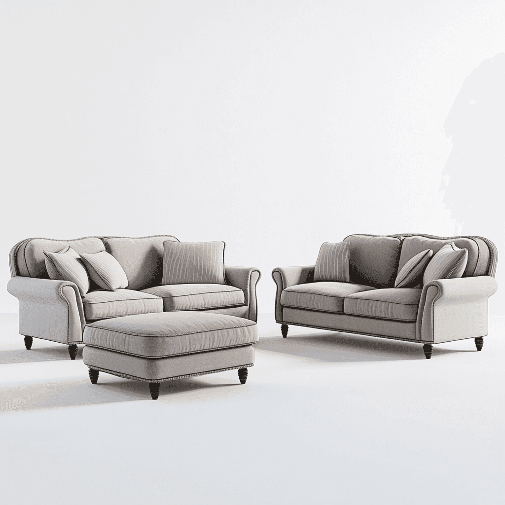 Graues Sofa und Sessel mit zwei Kissen auf dem Sofa, auf weißem Hintergrund.