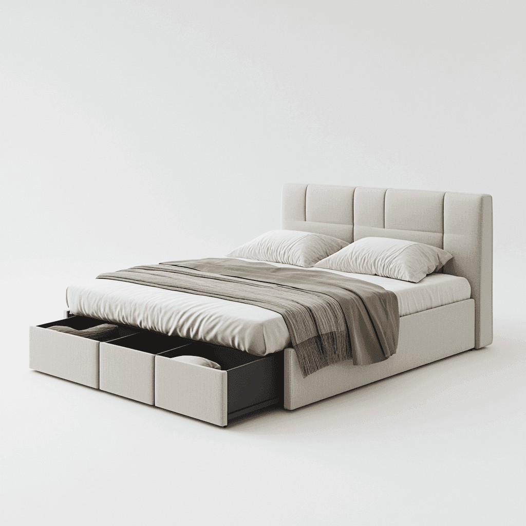 Ein weißes Bett mit hellem braunem Rahmen, großer Kopfteil, Decke und zwei Kissen.  Unter dem Bett steht ein Schrank.